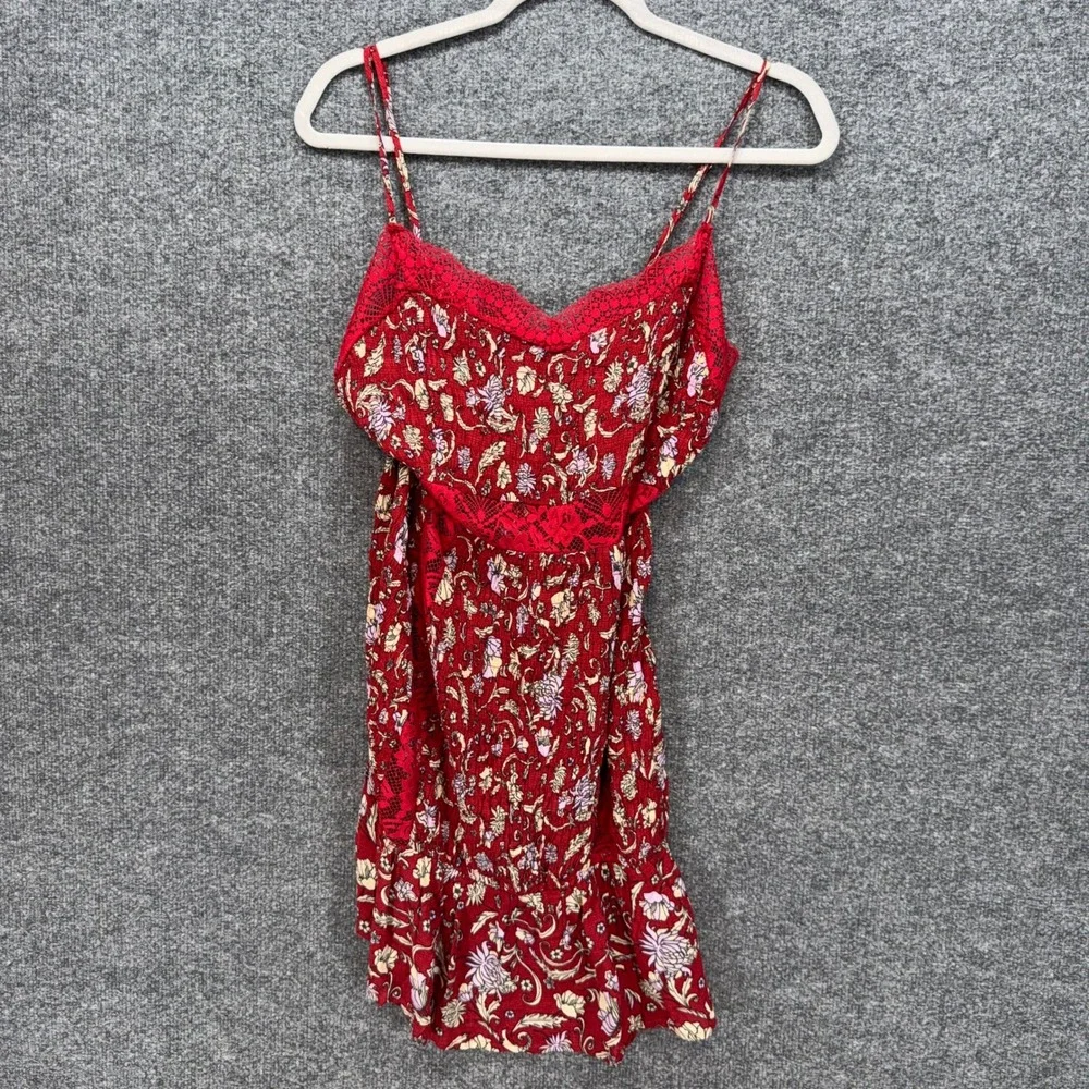 Free People Intimately Free Mini Dress Womens Medium Red Floral Lace Slip Boho